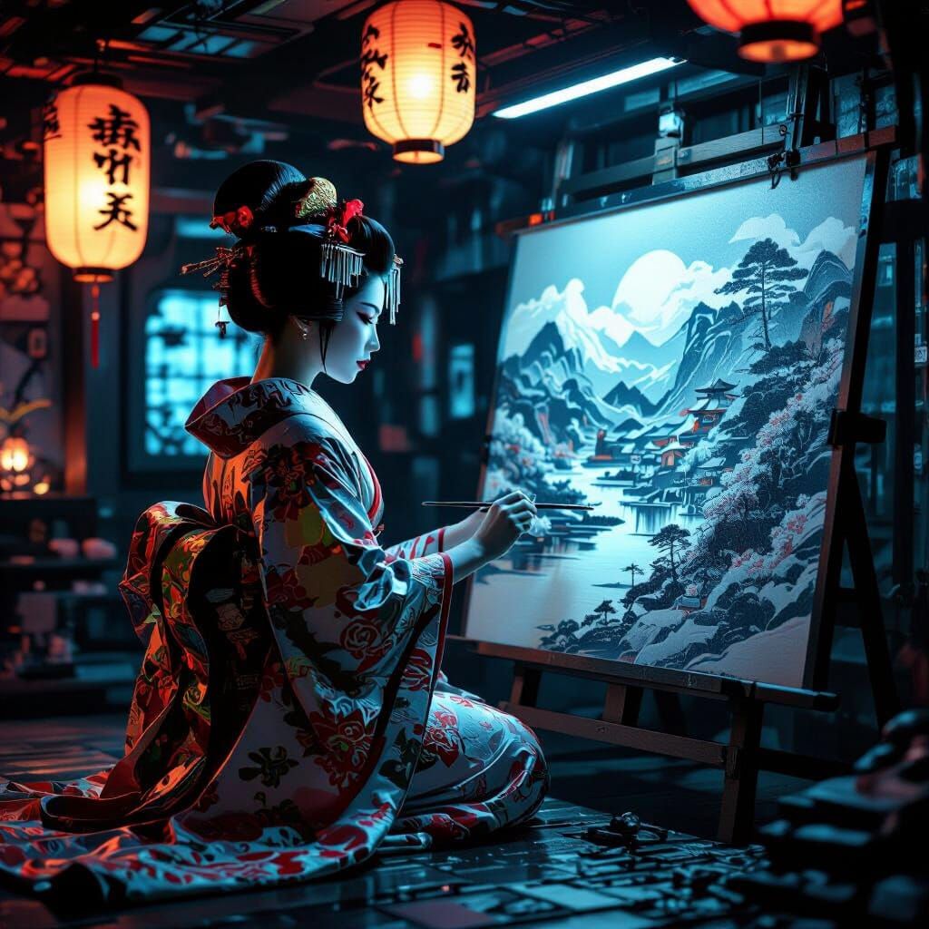 Chrome Geisha Paints in Cyberpunk Tokyo Chamber