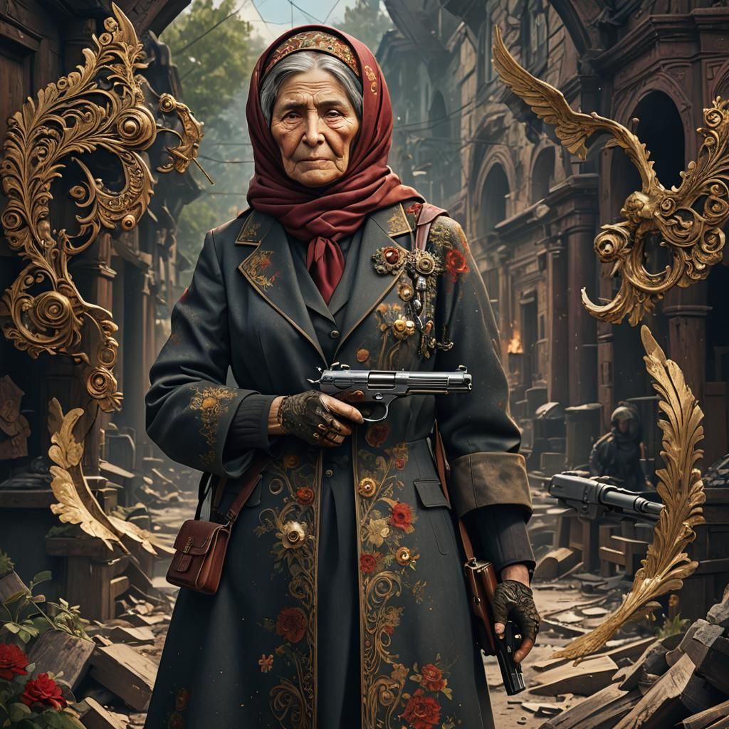 Russian Babushka with Pistol: Detailed Matte Painting