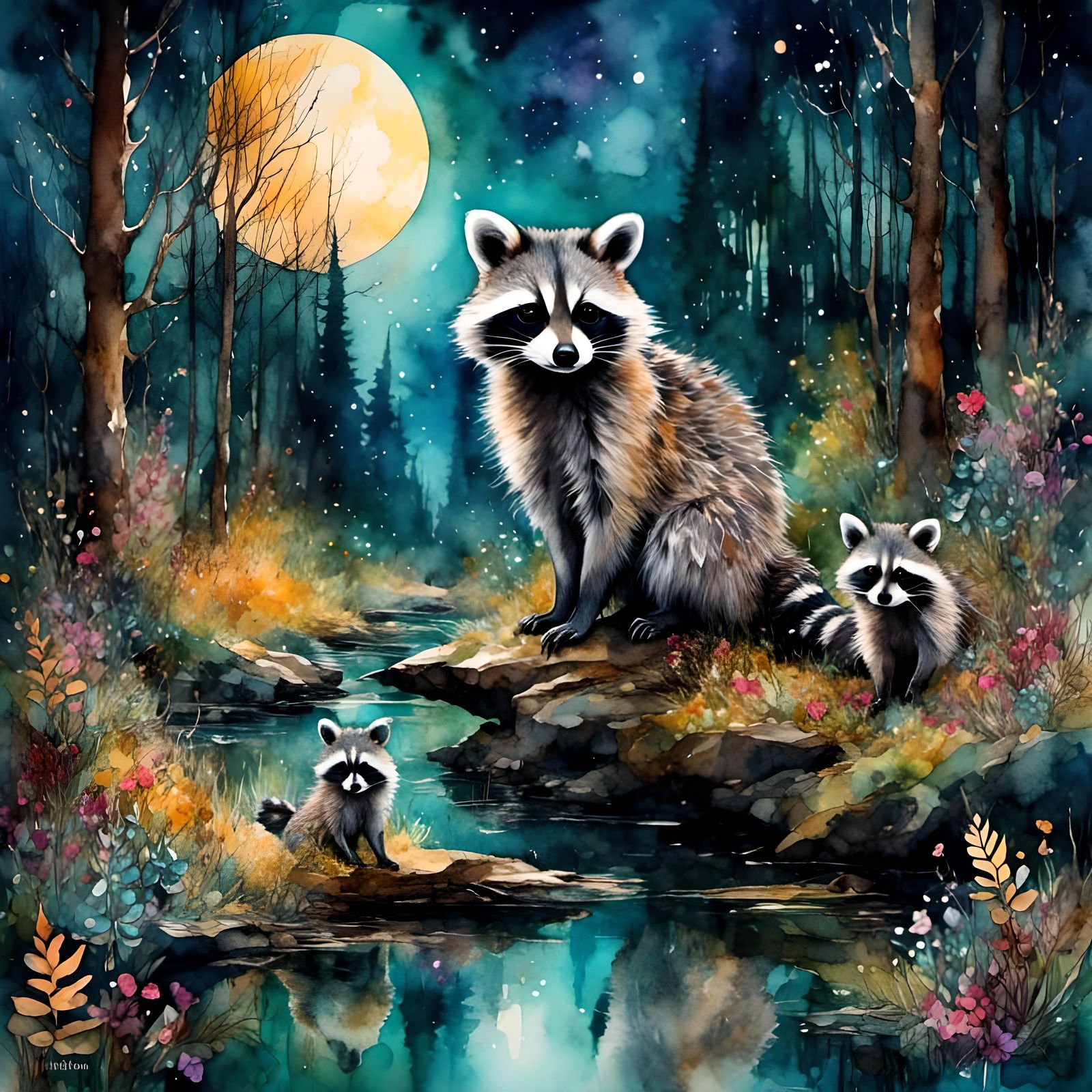 Watercolor Raccoon in Enchanted Forest at Night