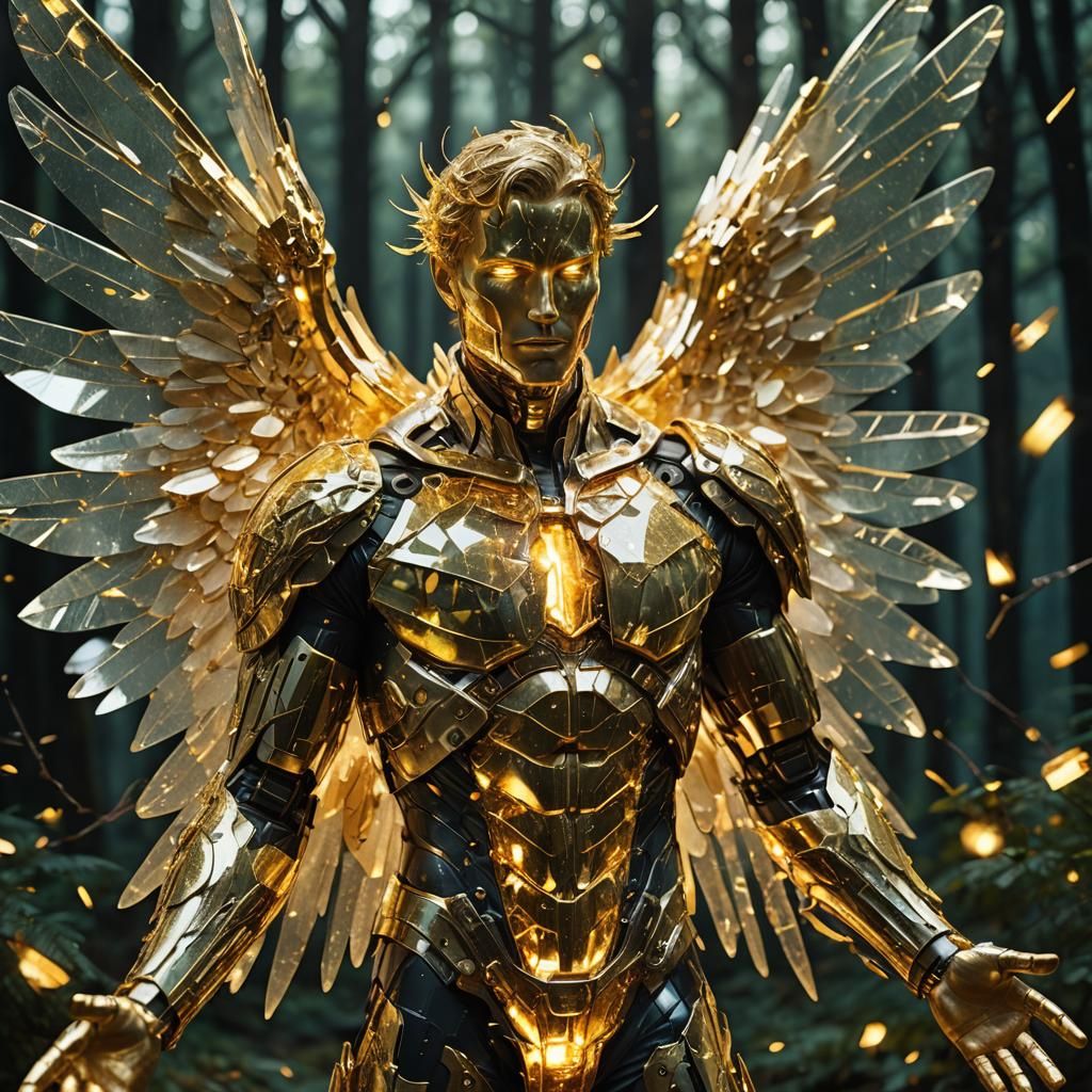 Glowing Angel Cyborg with Gold and Glass Shards