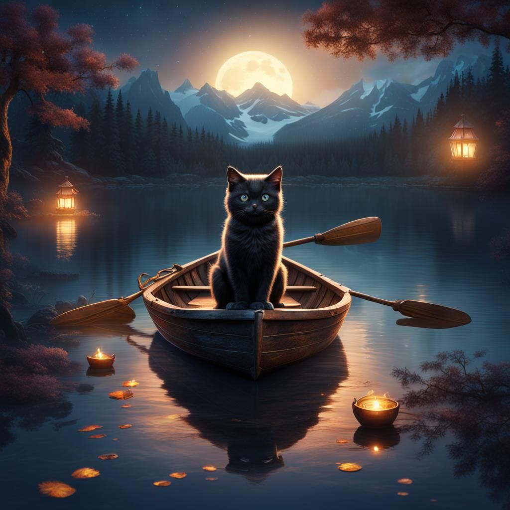 Kitten and Owl Night Lake Fantasy Art