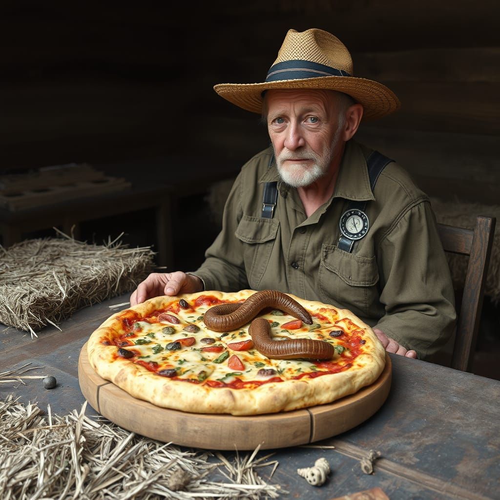 A old man sitting at a table made out of hay, and on the tab...