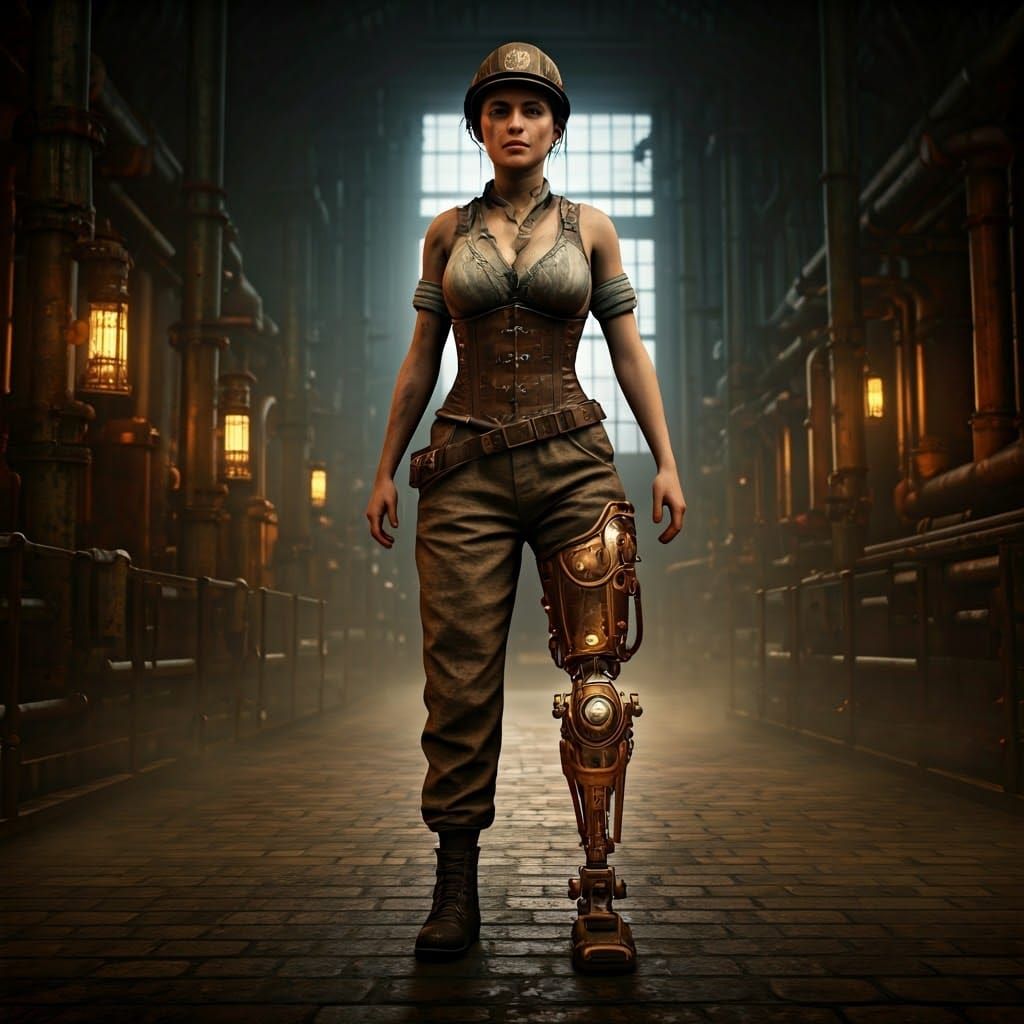 Steampunk Factory Worker with Prosthetic Leg