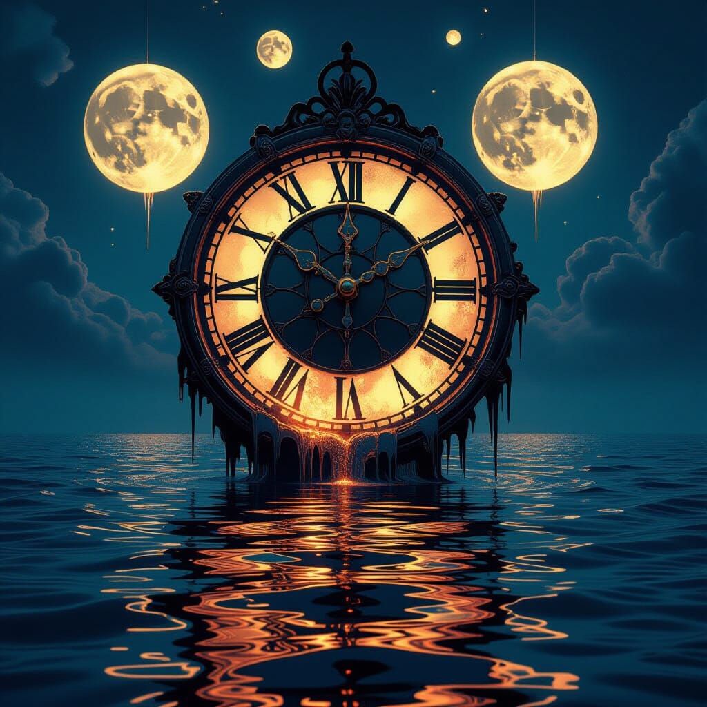 Molten Clock Drips into Ocean Under Neon Moons