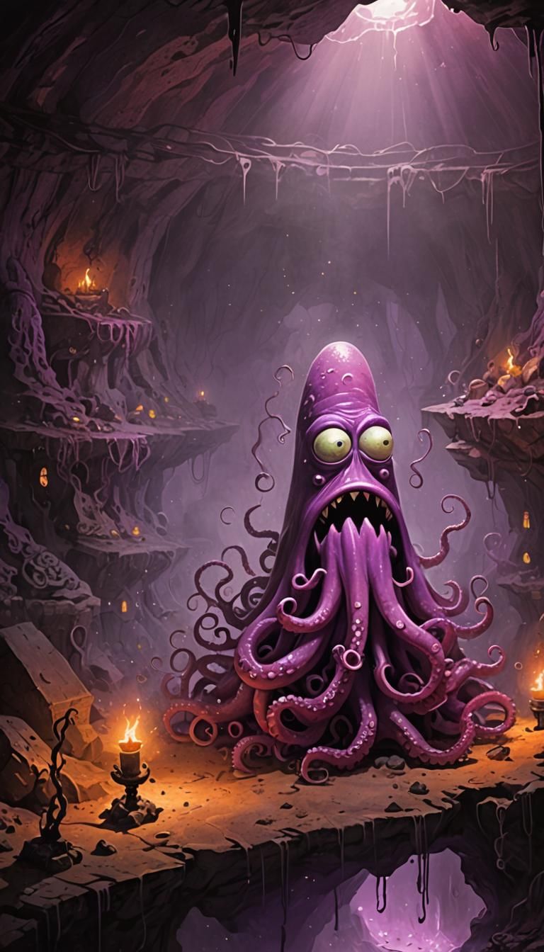Sinister Patrick Star in a Cave with Purple Mists
