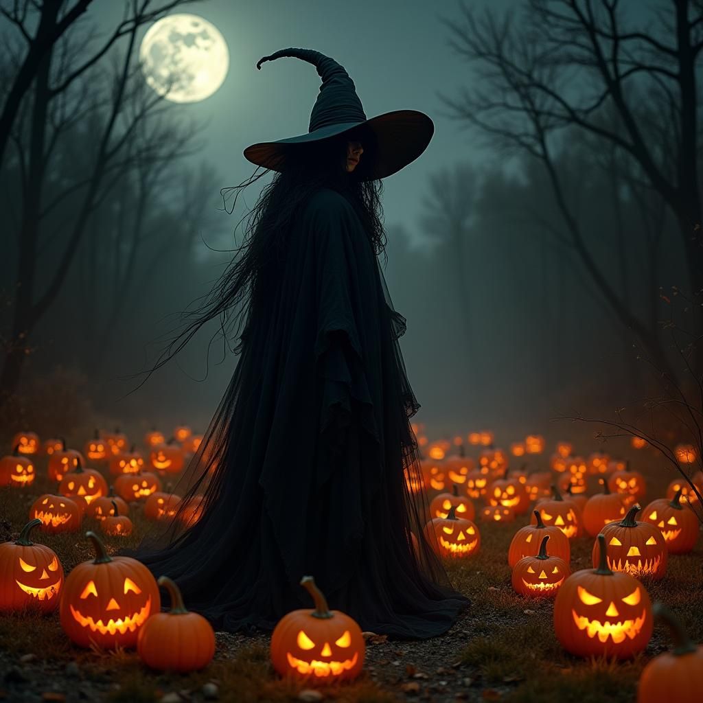 Eerie Witch Gathering with Glowing Jack-o-Lanterns