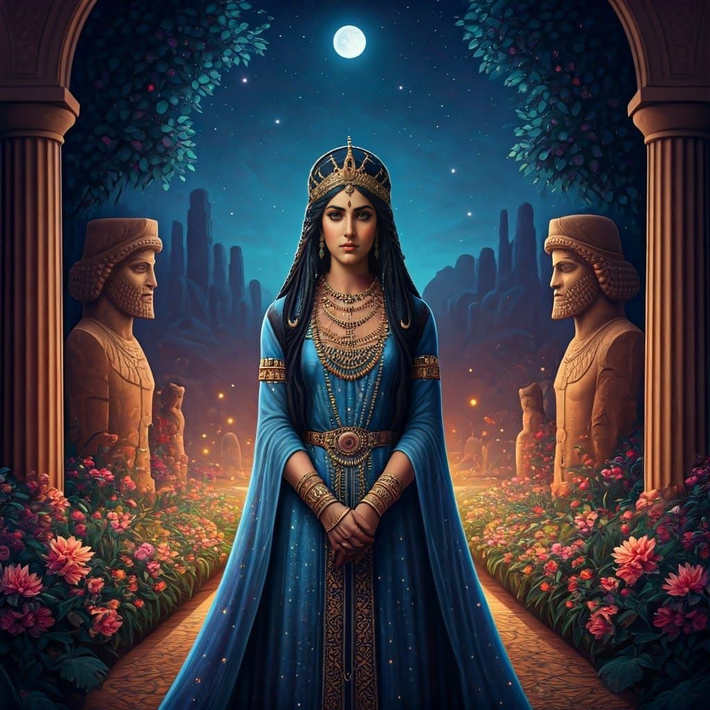 Achaemenid Queen in Moonlit Garden: Cosmic Fantasy Art