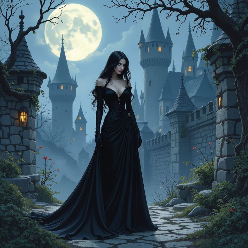Moonlit Vampire in Castle Grounds, Dark Romanticism