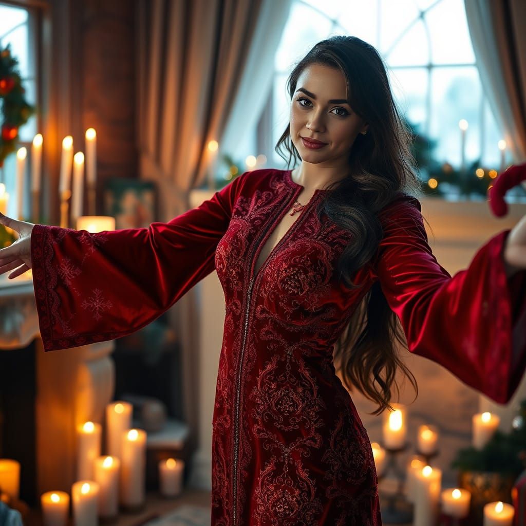 Beautiful Woman in Elegant Red Velvet Dress, Christmas Cozy....