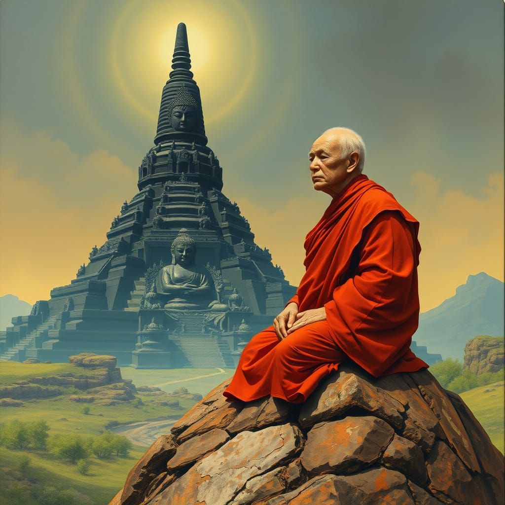 Monk Meditating Before Stupa in Fantasy Art Style