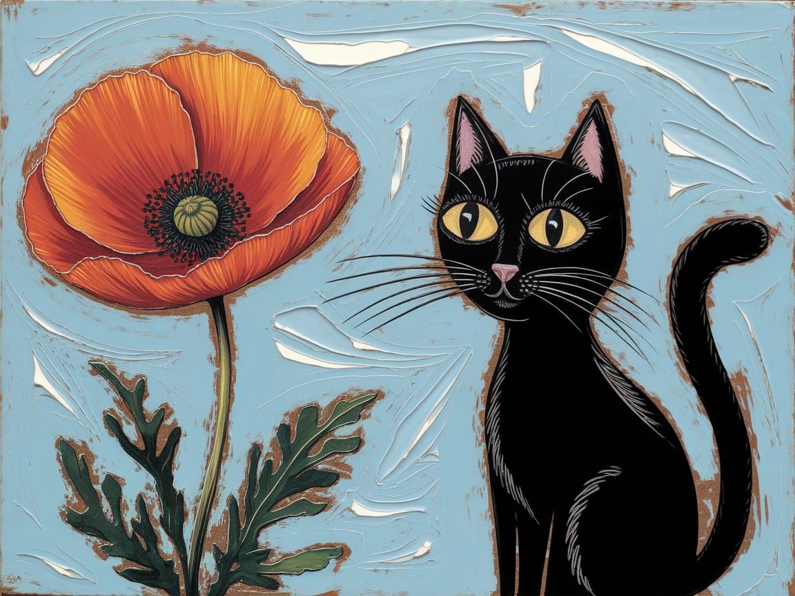 Expressionist Encaustic Painting of Black Cat and Red Poppy