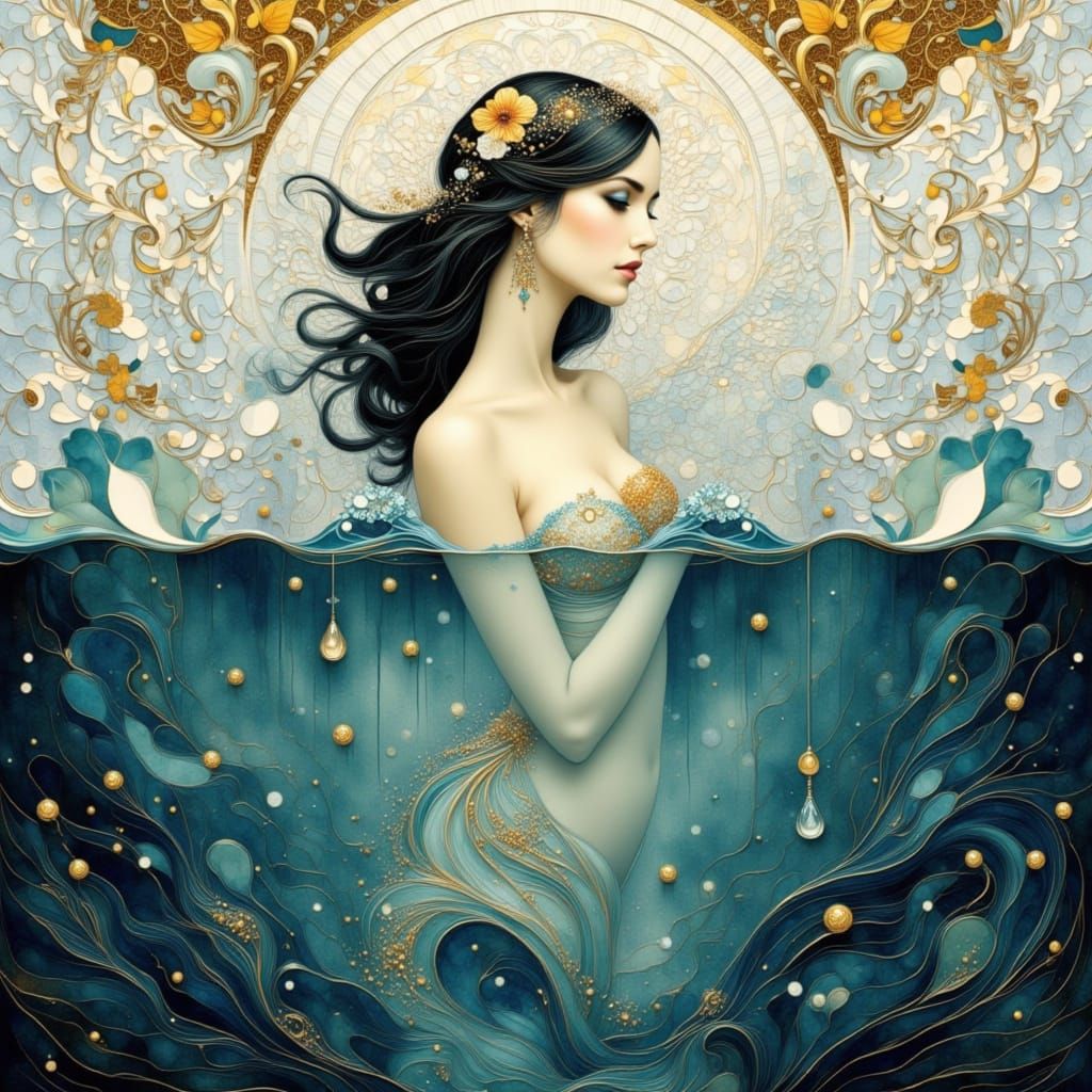 Water Nymph Adorned in Golden Patterns, Klimt Style