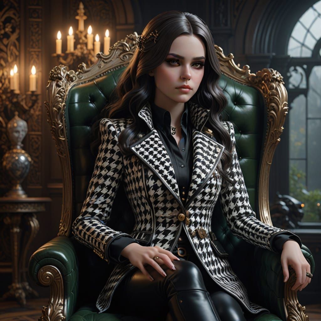 Gothic Blythe Doll in Houndstooth Jacket, Throne, and Boots