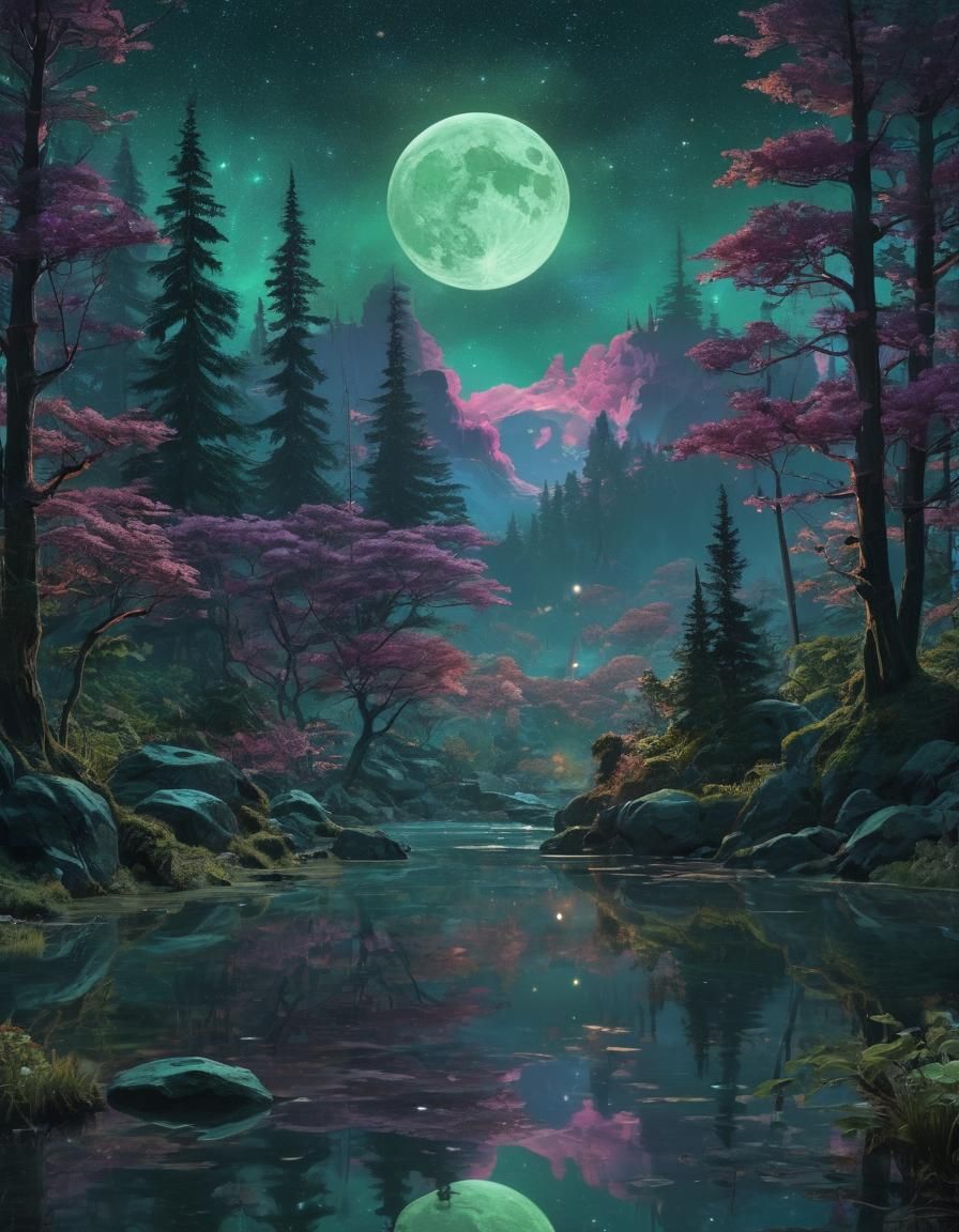 Enchanted Forest Under Two Moons: Digital Illustration
