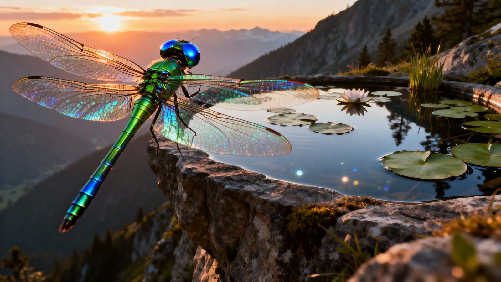 Dragonfly Over Alpine Pond at Sunset