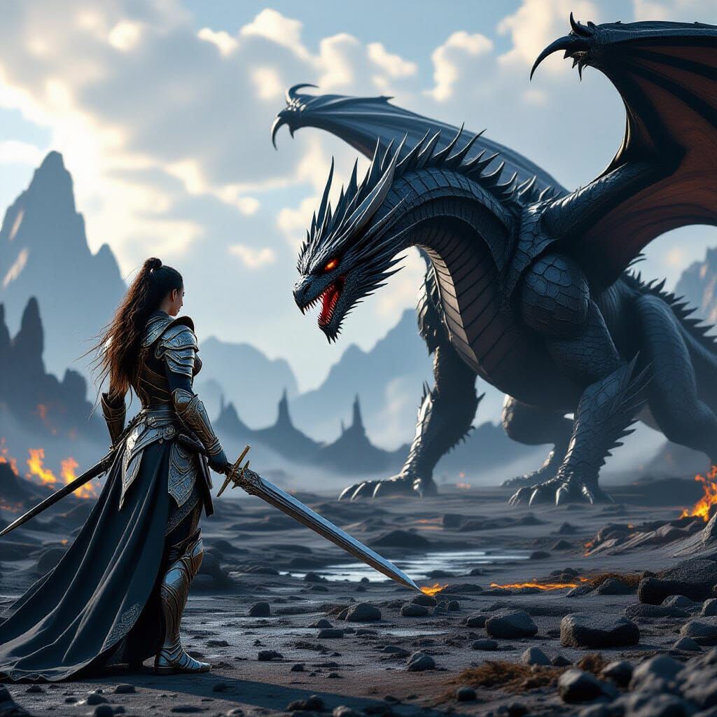Warrior Woman Battles Dragon in Epic Fantasy Art
