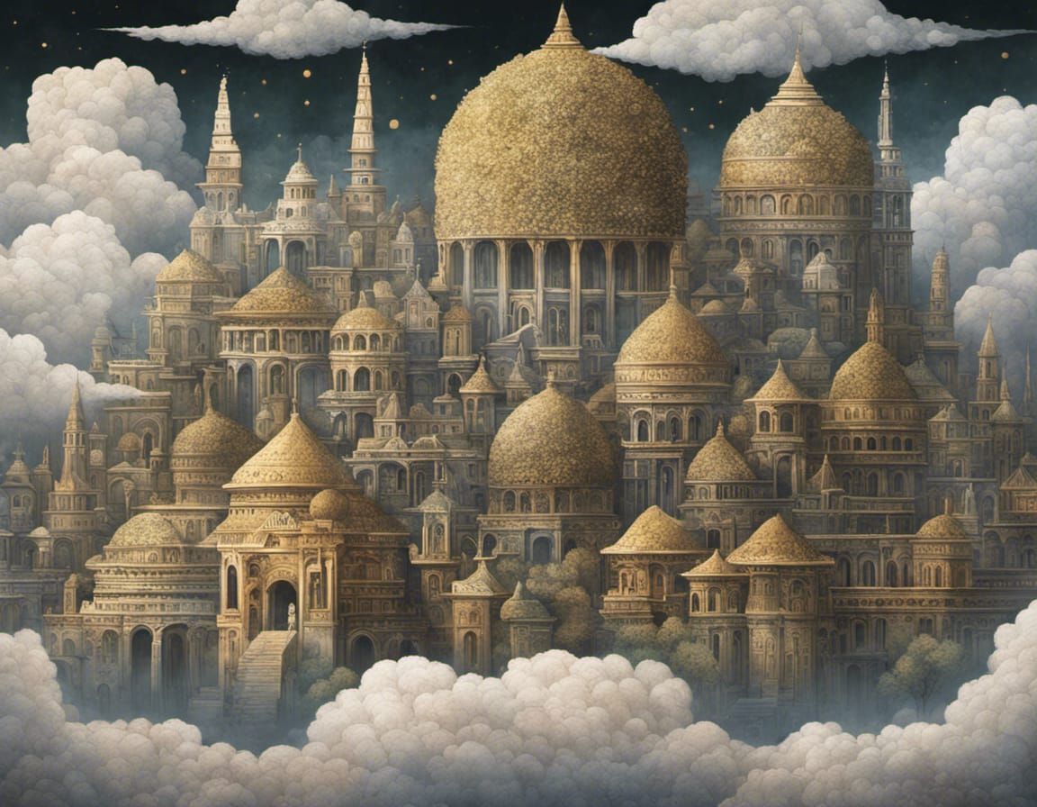 Ethereal Ancient City in Clouds at Golden Hour