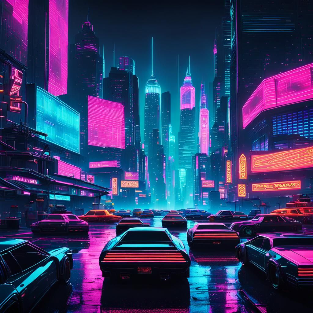 Cyberpunk New York Cityscape in Neon Style