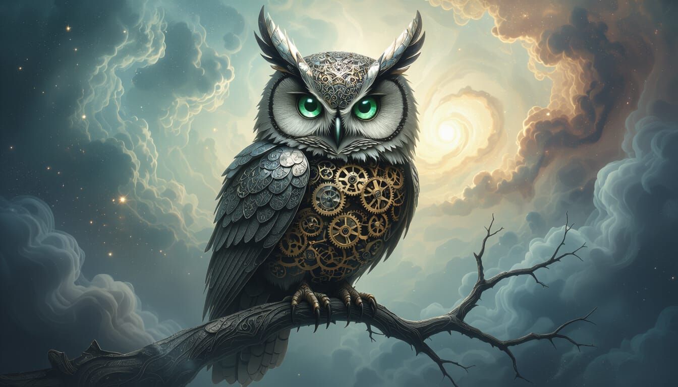 Surreal Clockwork Owl in Cosmic Nebula