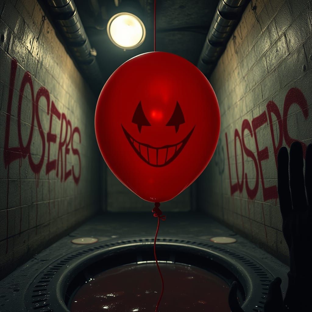 Ominous Red Balloon in Storm Drain: Photorealistic Horror