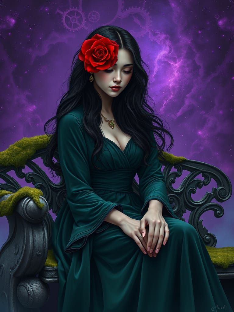 Surreal Woman with Rose on Forehead in Nebula