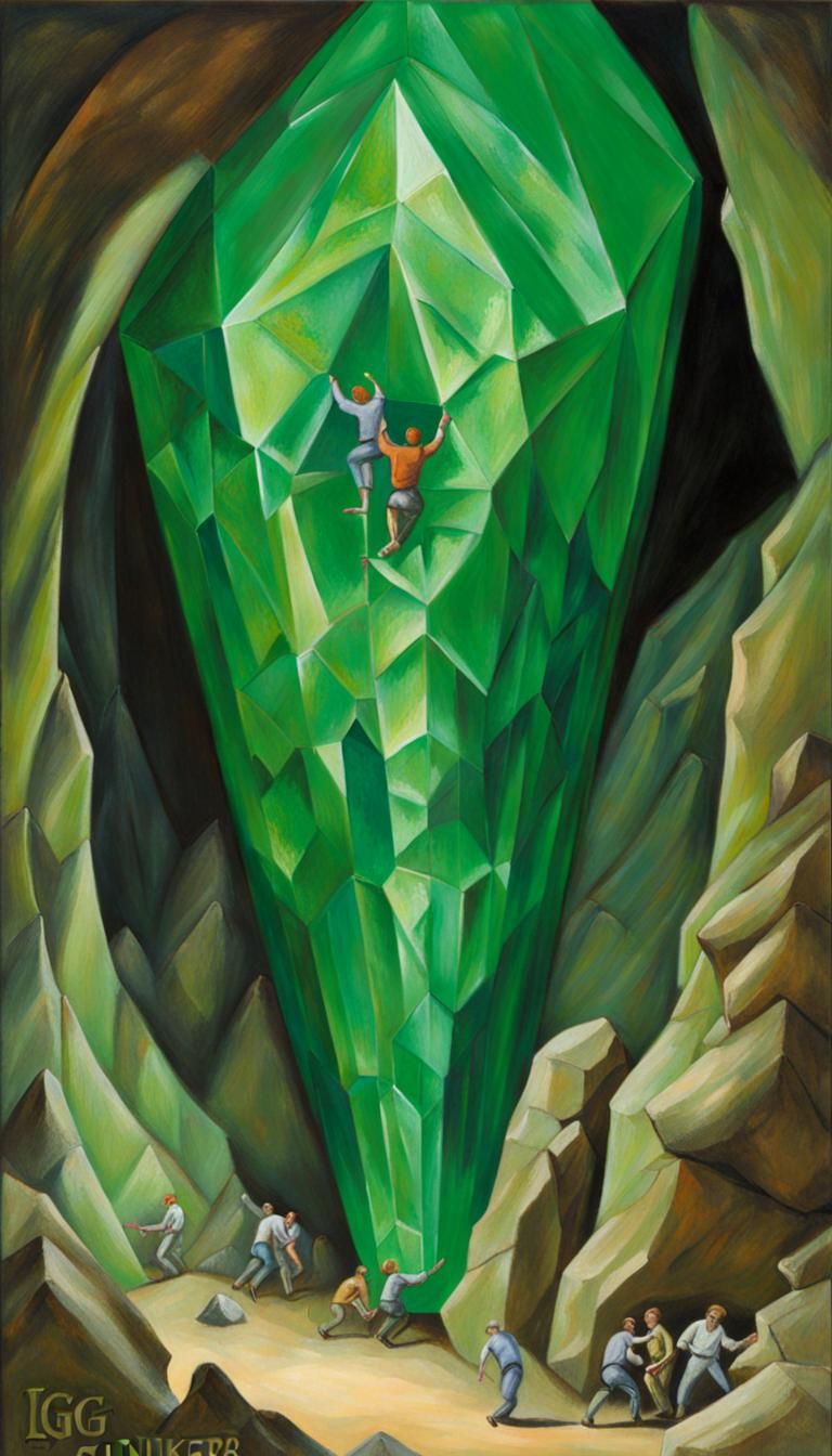 Emerald Crystal Cave Climbers in Egg Tempera