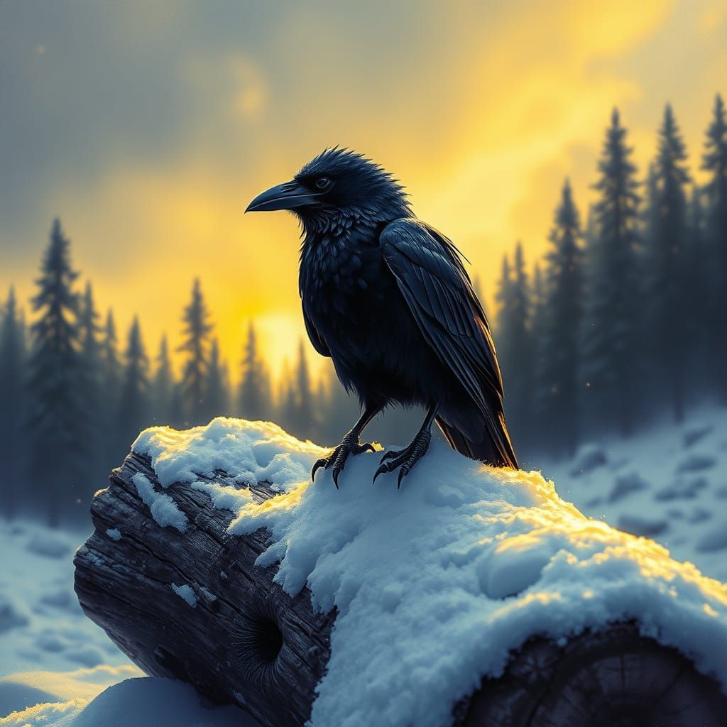 Raven on Snow-Covered Log in Alcohol Ink Style