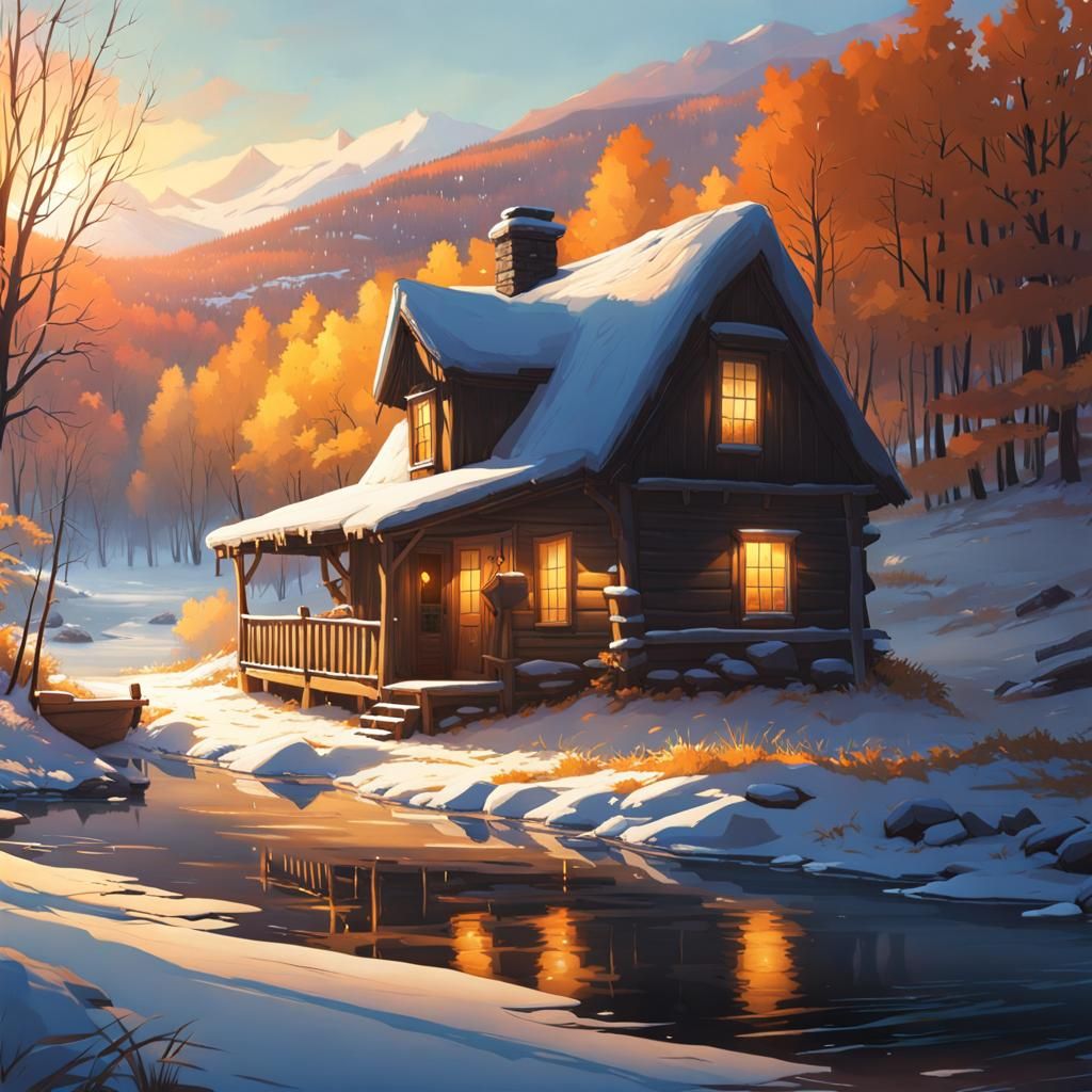 Winter Cabin by Frozen Riverbed at Golden Hour