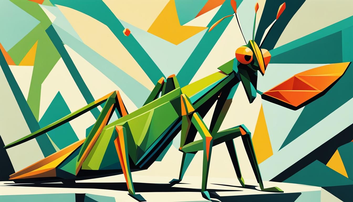 Cubist Praying Mantis Eats Butterfly, Geometric Fauvism