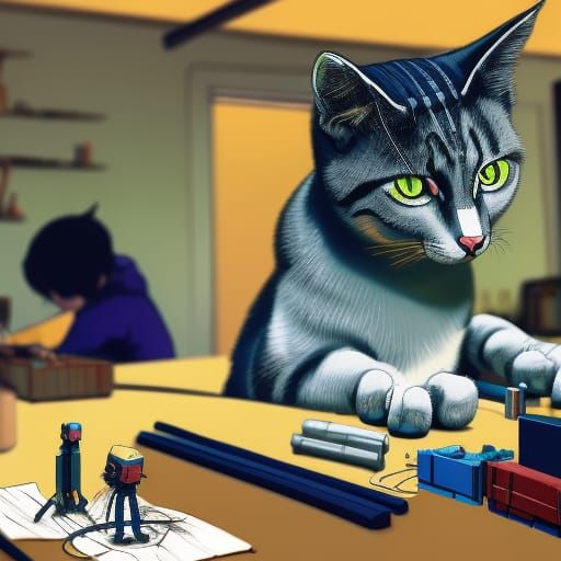 Cat Engineer Building Robot: Studio Ghibli Anime