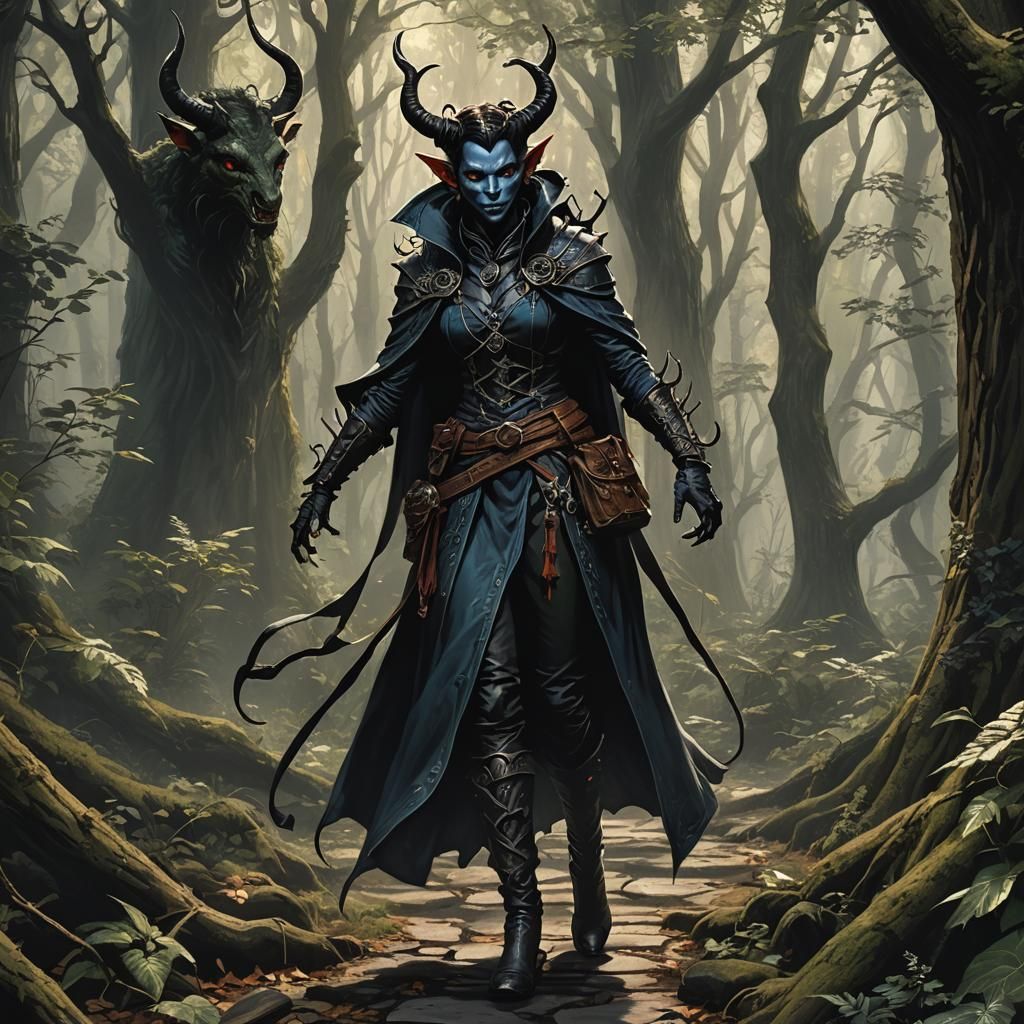 Tiefling Rogue Noble in Dark Forest
