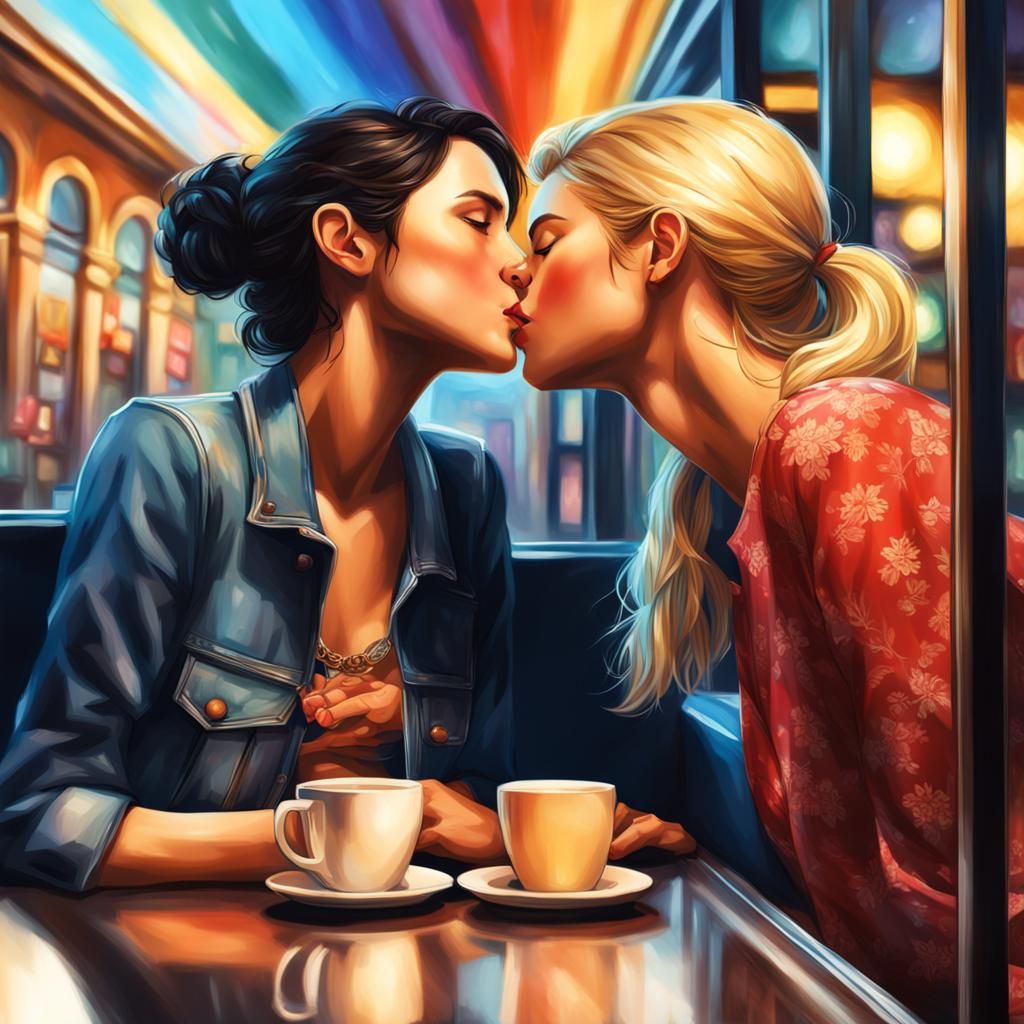 Hyperrealistic Kiss in Cafe: Splash Art Style