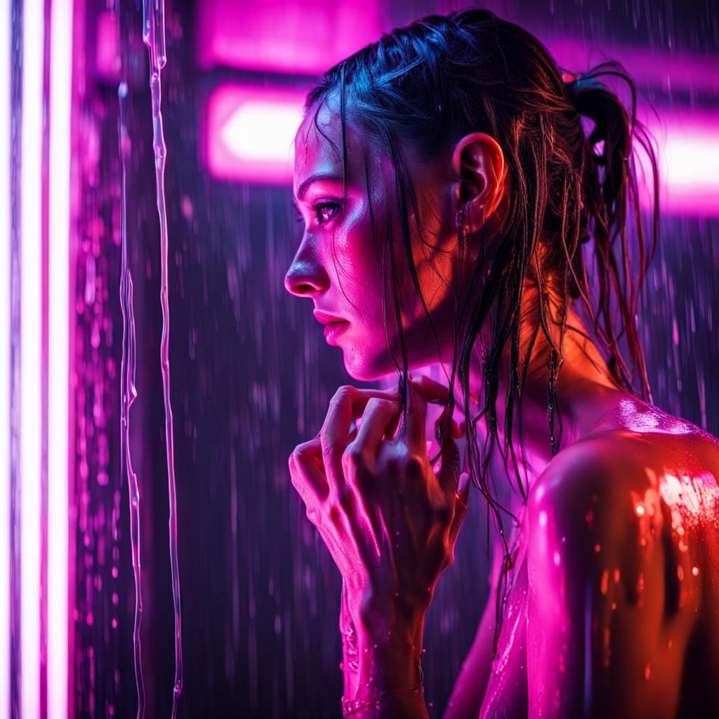 Cyberpunk Girl in Neon Rain: Hyperrealistic Image