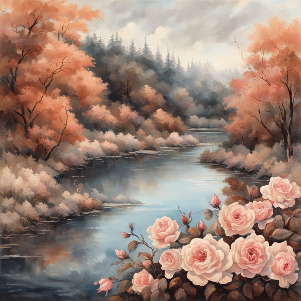 Winding River with Vibrant Floral Arrangement in Soft Pastel...