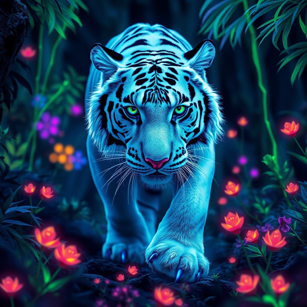 White Tiger in Fluorescent Candyland Forest