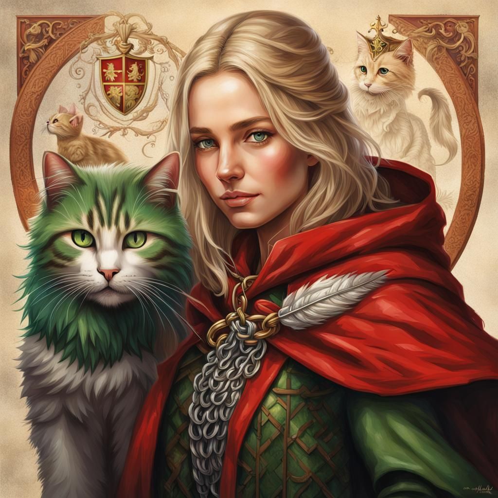 Blonde Woman Archer with Cat in Hyperrealistic Style