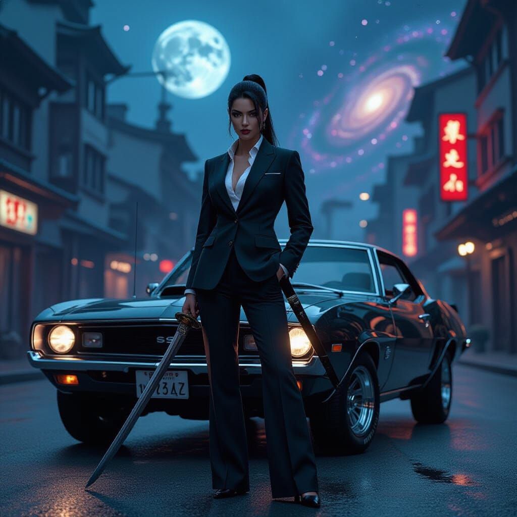 Yakuza Woman with Samurai Sword in Cyberpunk City