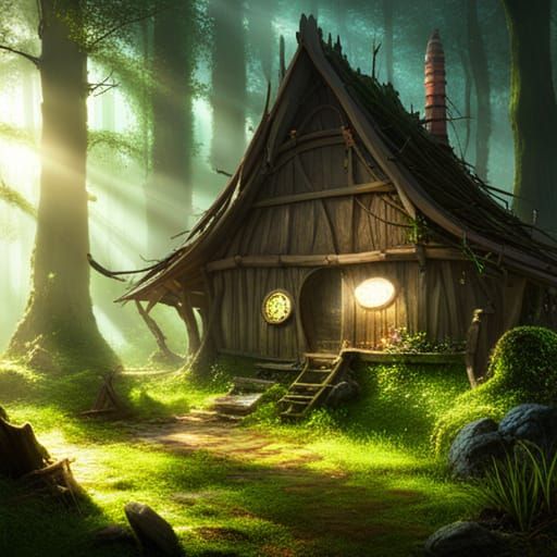Gnome House in Magical Forest, Dark Fantasy Concept Art
