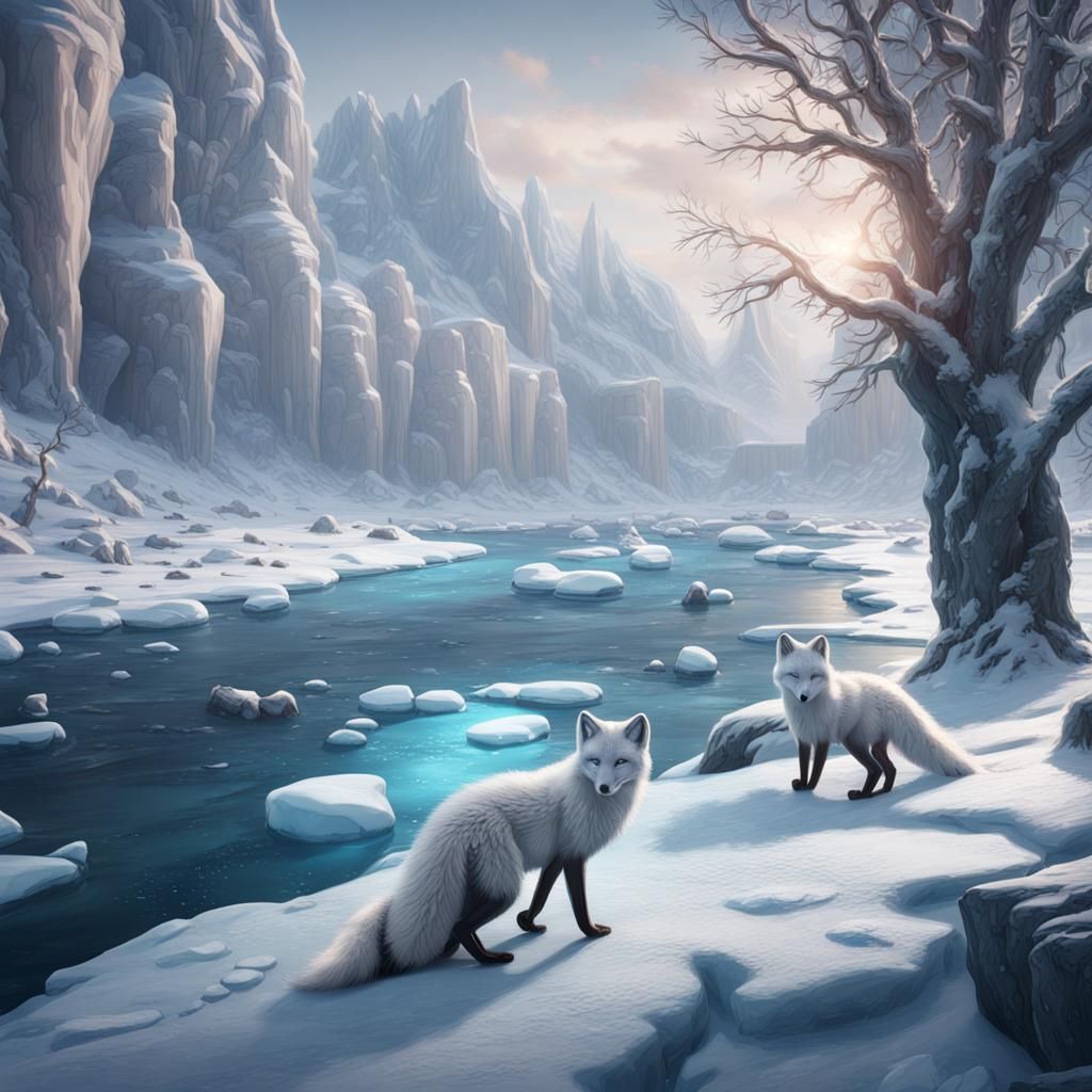 Arctic Foxes in Frozen River: Detailed Matte Painting