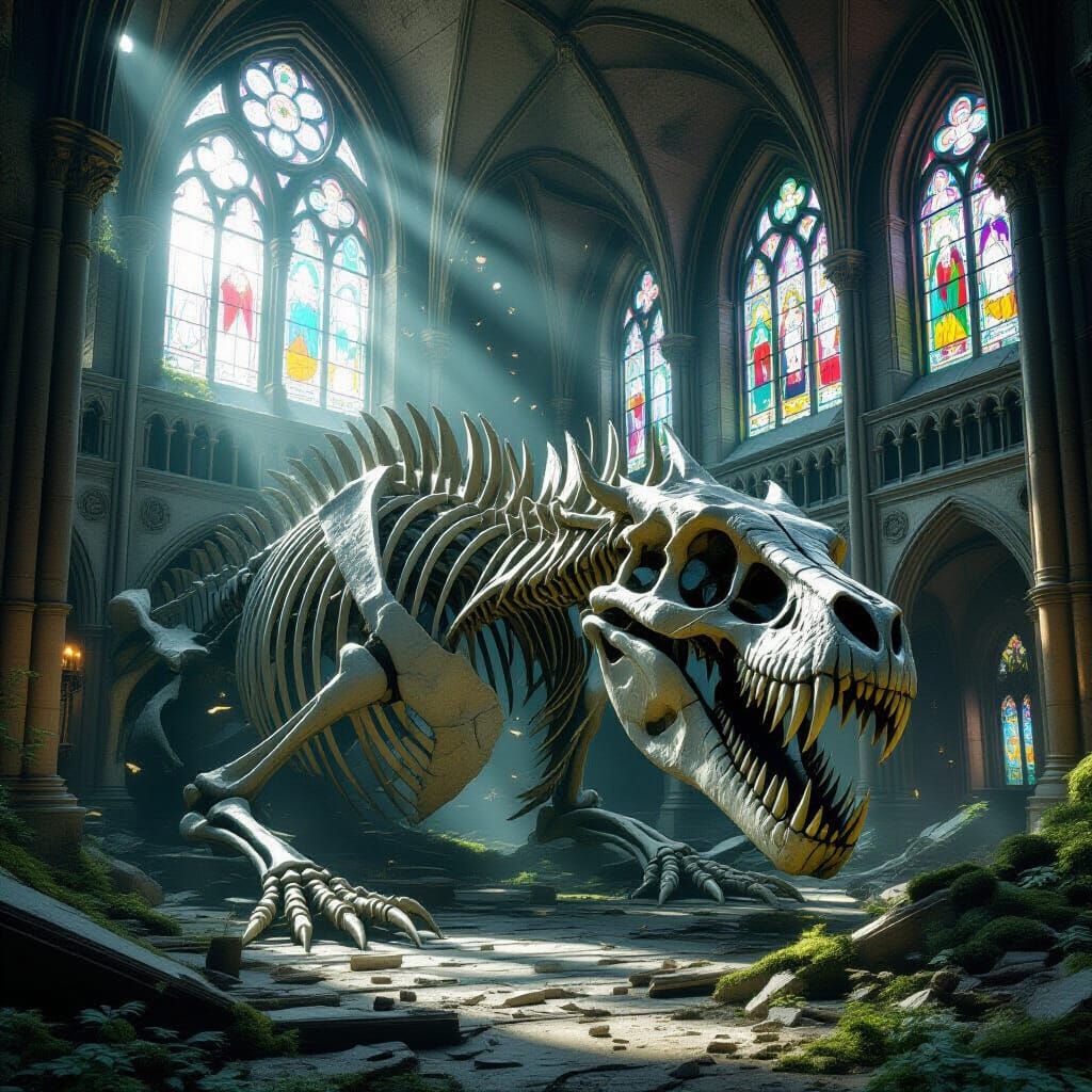 Moss Dragon Skeleton in Ruined Gothic Library