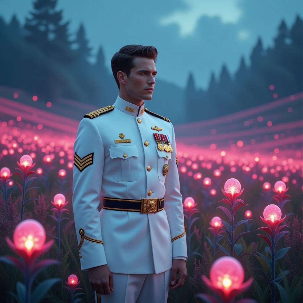 Officer in Bioluminescent Alien Field, Digital Painting