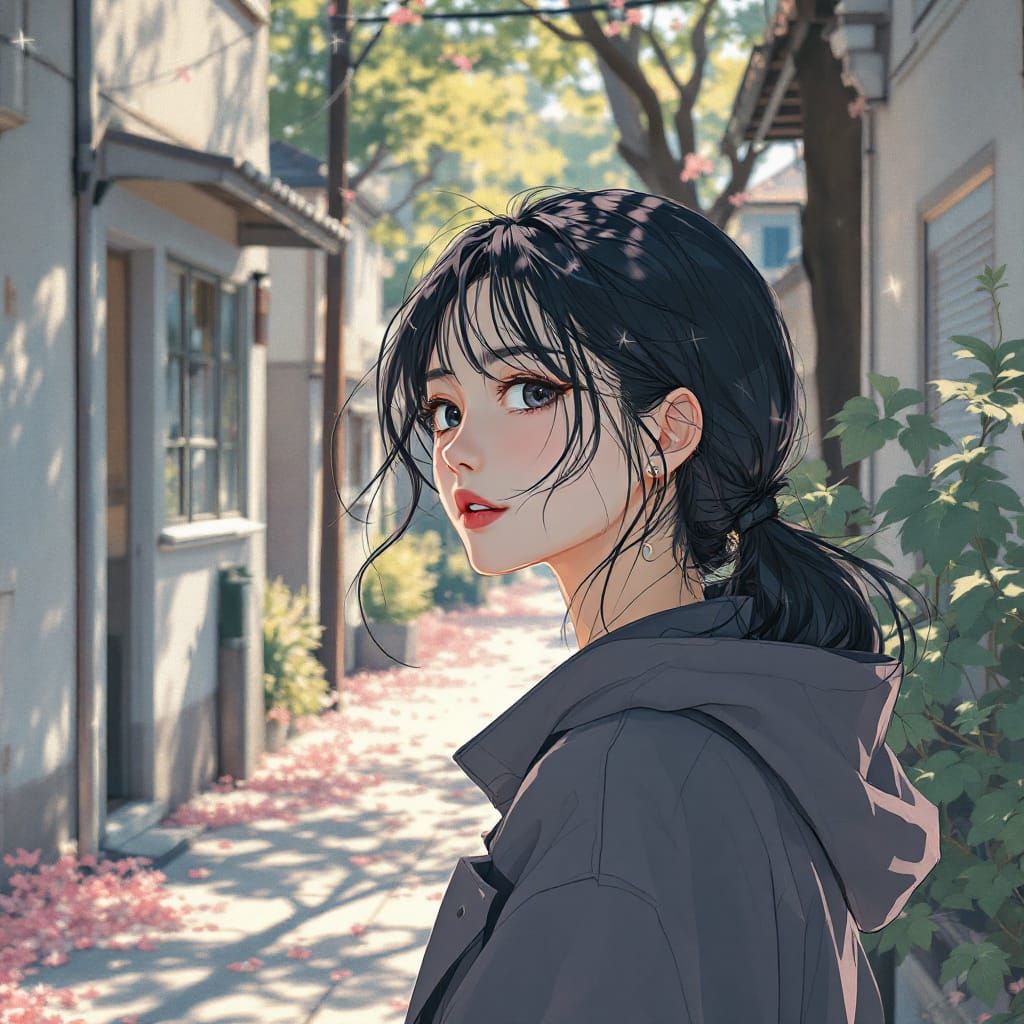 Luminous Anime Portrait of a Girl on a Quiet Street
