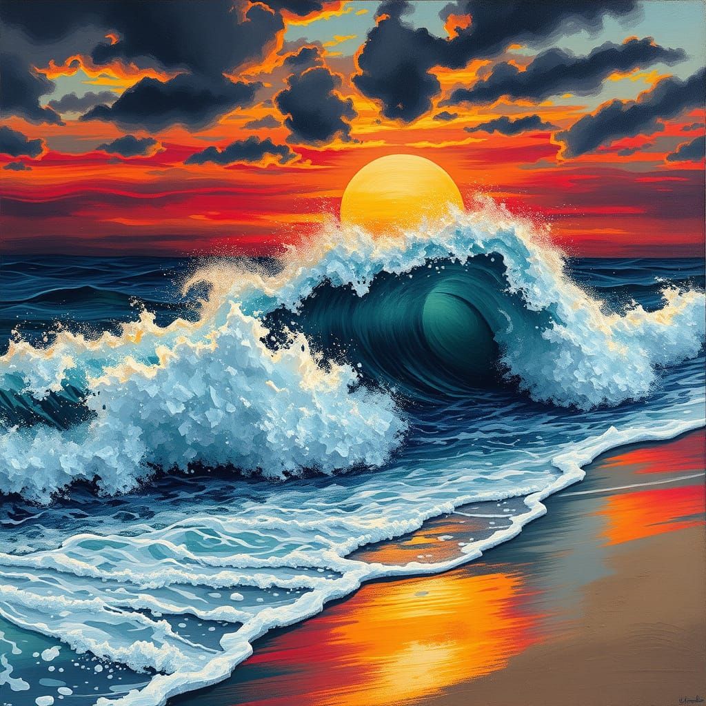 Sunset Storm Wave in the Style of Chiaroscuro