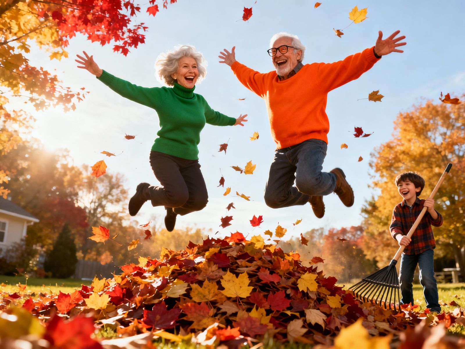 Joyful Grandparents Leap into Autumn Leaves with Grandson