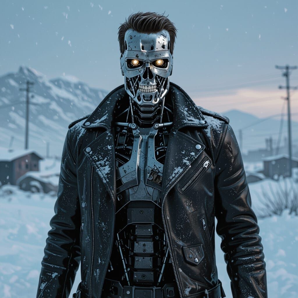 Terminator in Snow, Dark Futurism Cyberpunk Style