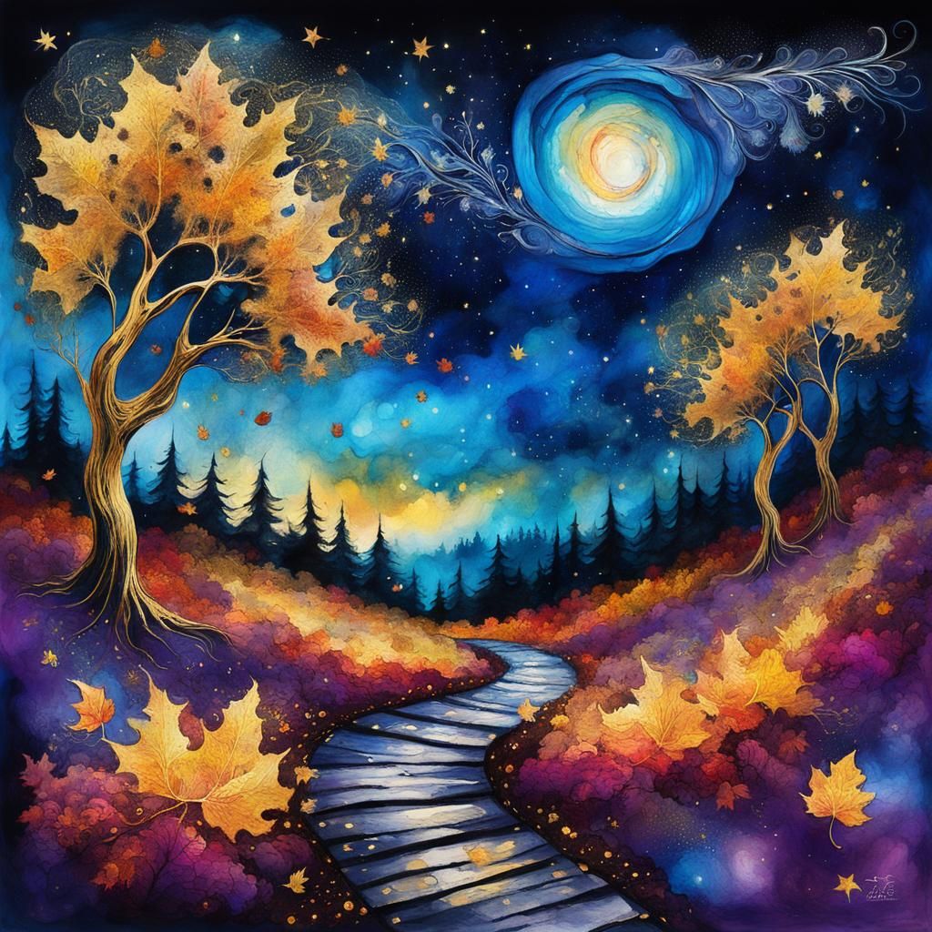 Whimsical Expressionism: Golden Leaves in Starry Sky