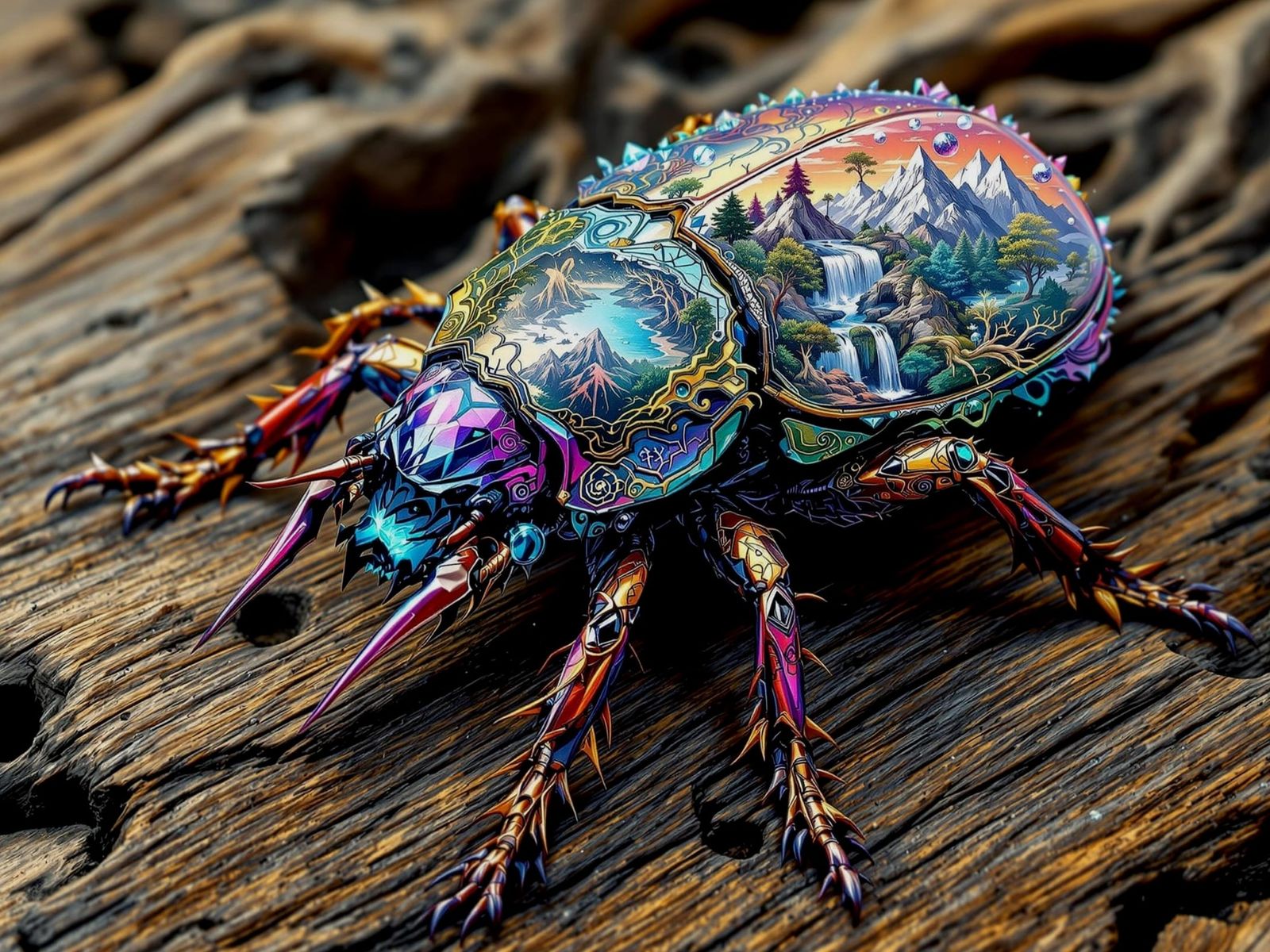 Etched landscape on the exoskeleton of an unicorn beetle