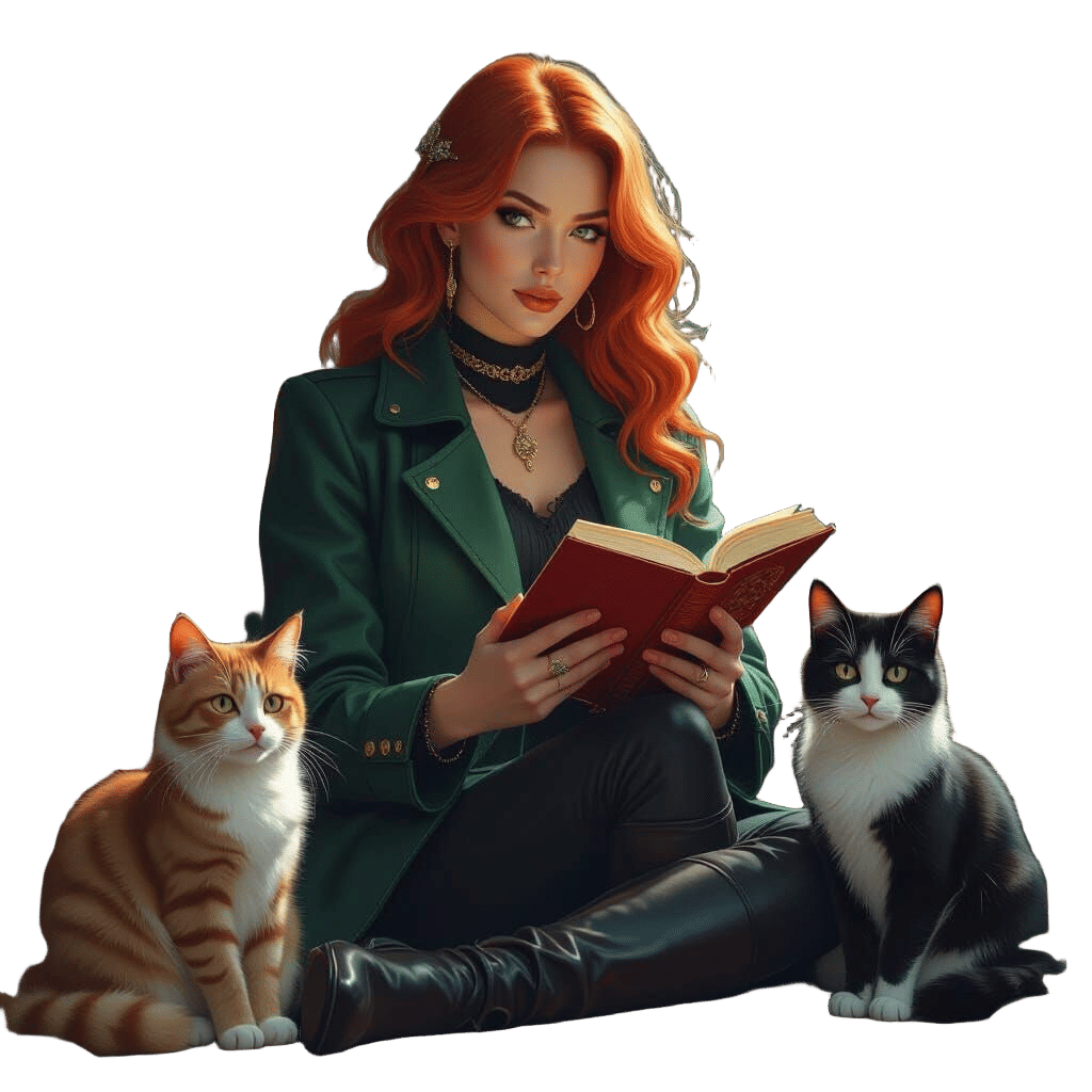 Red-Haired Woman Reading with Cats: Detailed Matte Painting