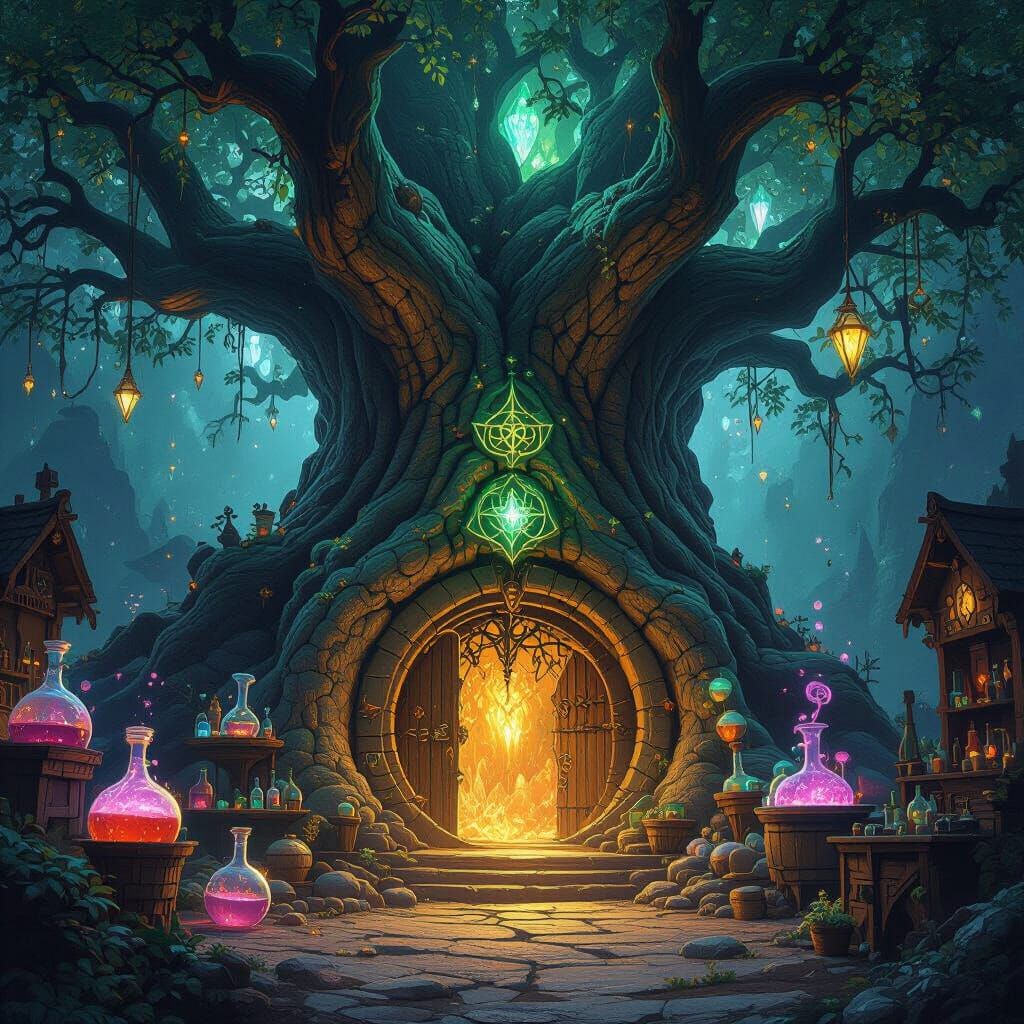 Ancient Tree Wizard Lab with Shimmering Illusion Entrance