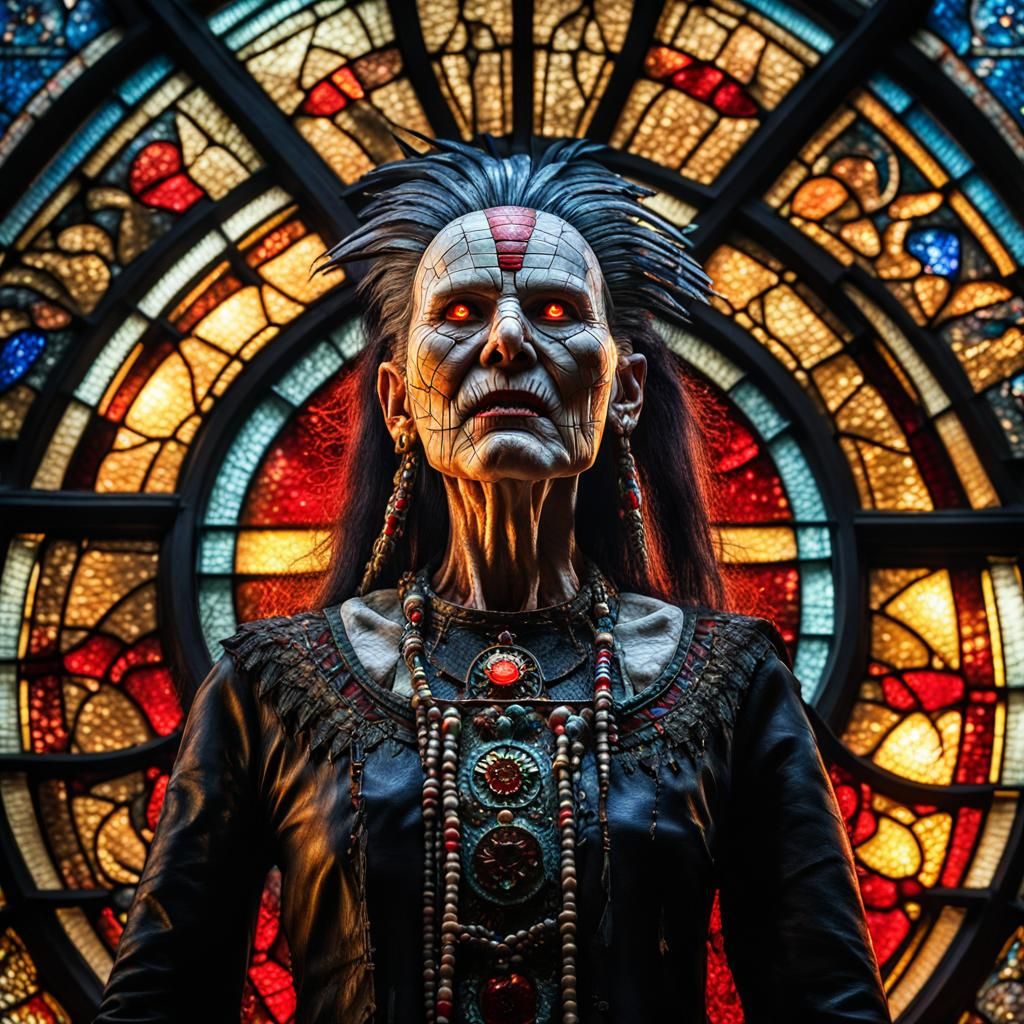 Hyperrealistic Native American Pinhead Shattering Glass